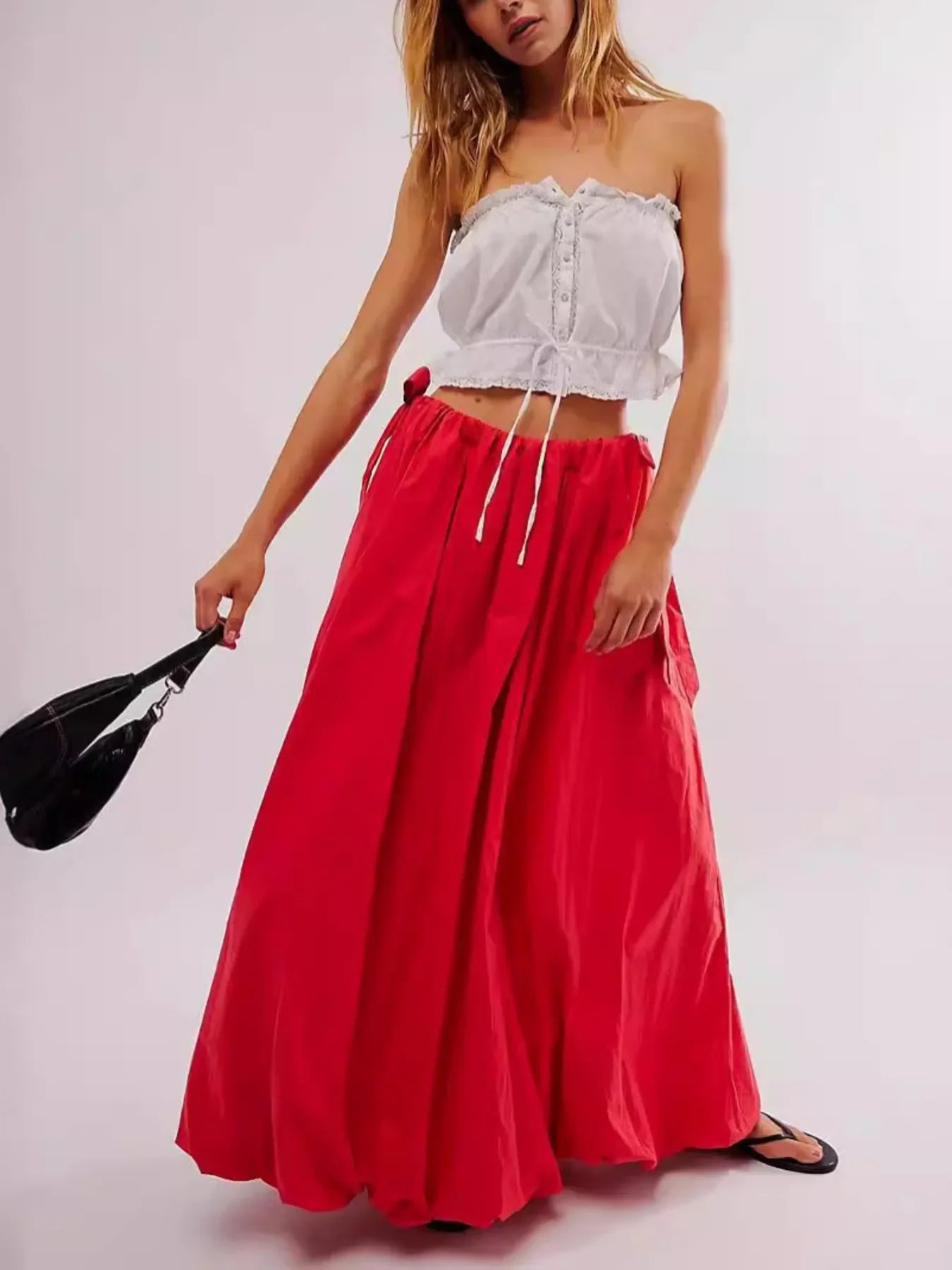 Maxi Skirt with Pockets - Side Bow Detail & Drawstring Waist - minbolu -