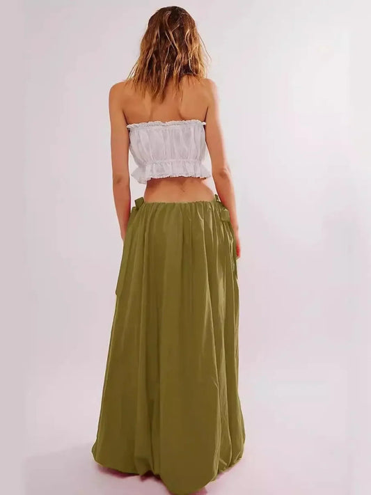 Maxi Skirt with Pockets - Side Bow Detail & Drawstring Waist - minbolu -