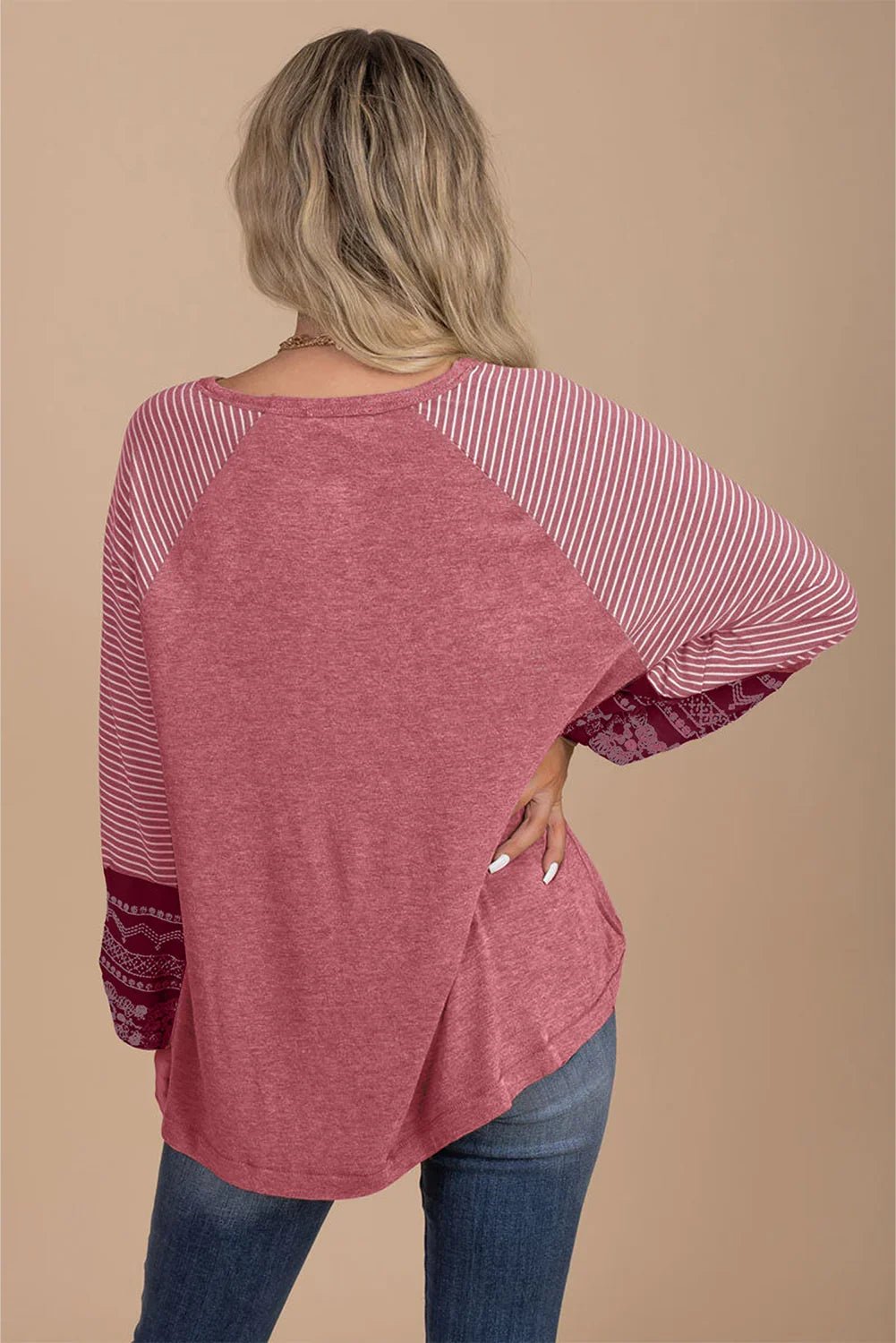 Mineral Red Striped Raglan Sleeve Loose Top - minbolu -