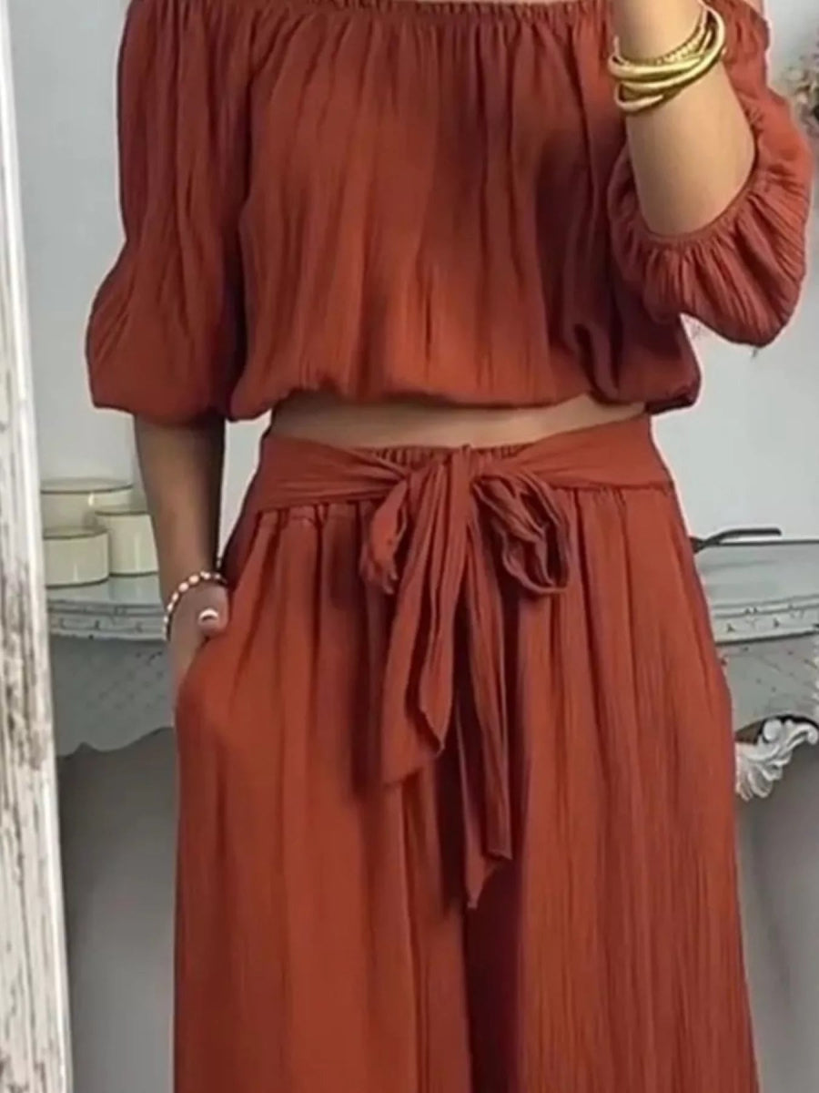Off-Shoulder Top and Pants Set - Boho Two-Piece Outfit Plus Size - minbolu -