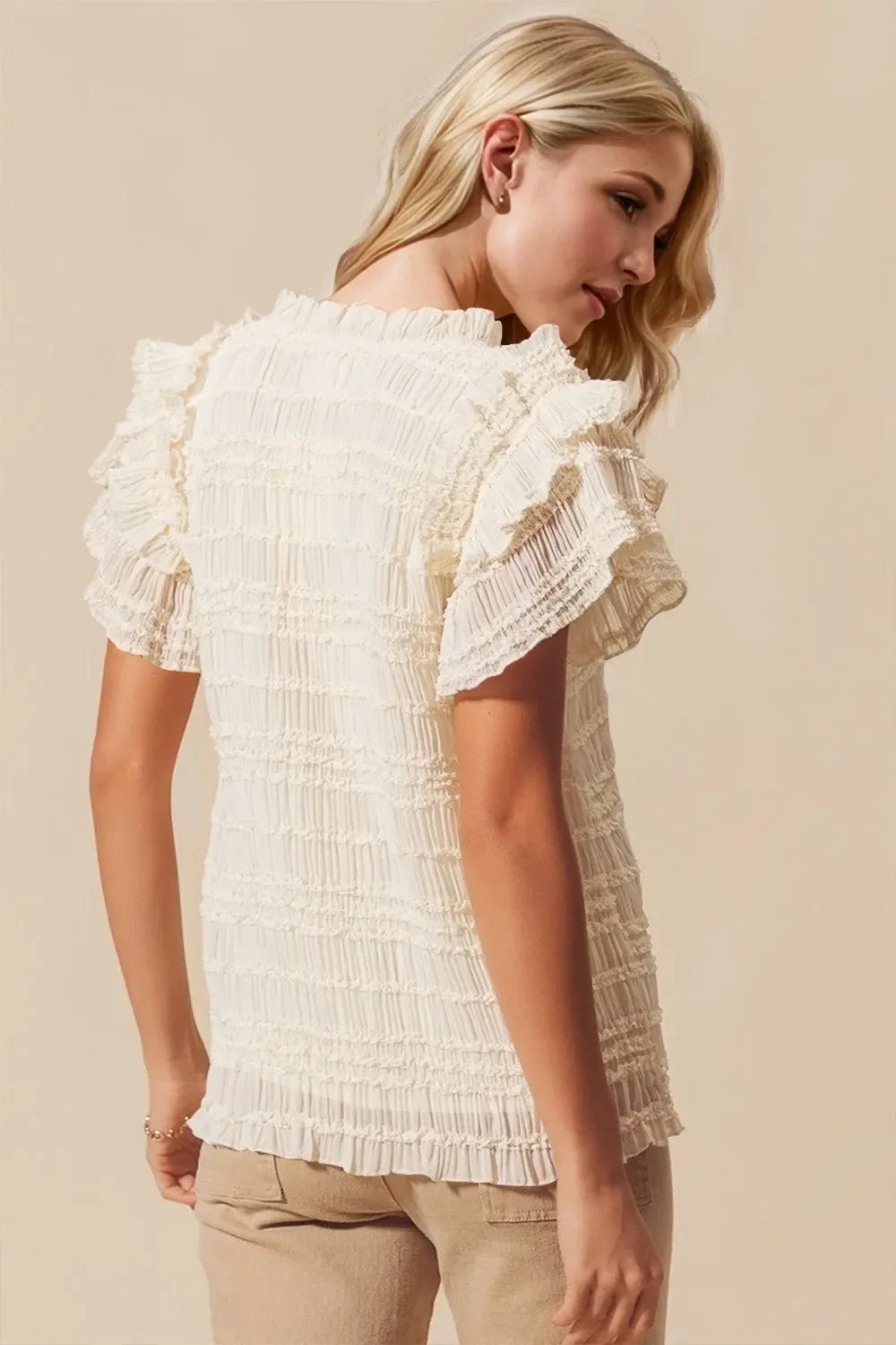 Oh Full Size Frill Notched Flounce Sleeve Blouse - minbolu -