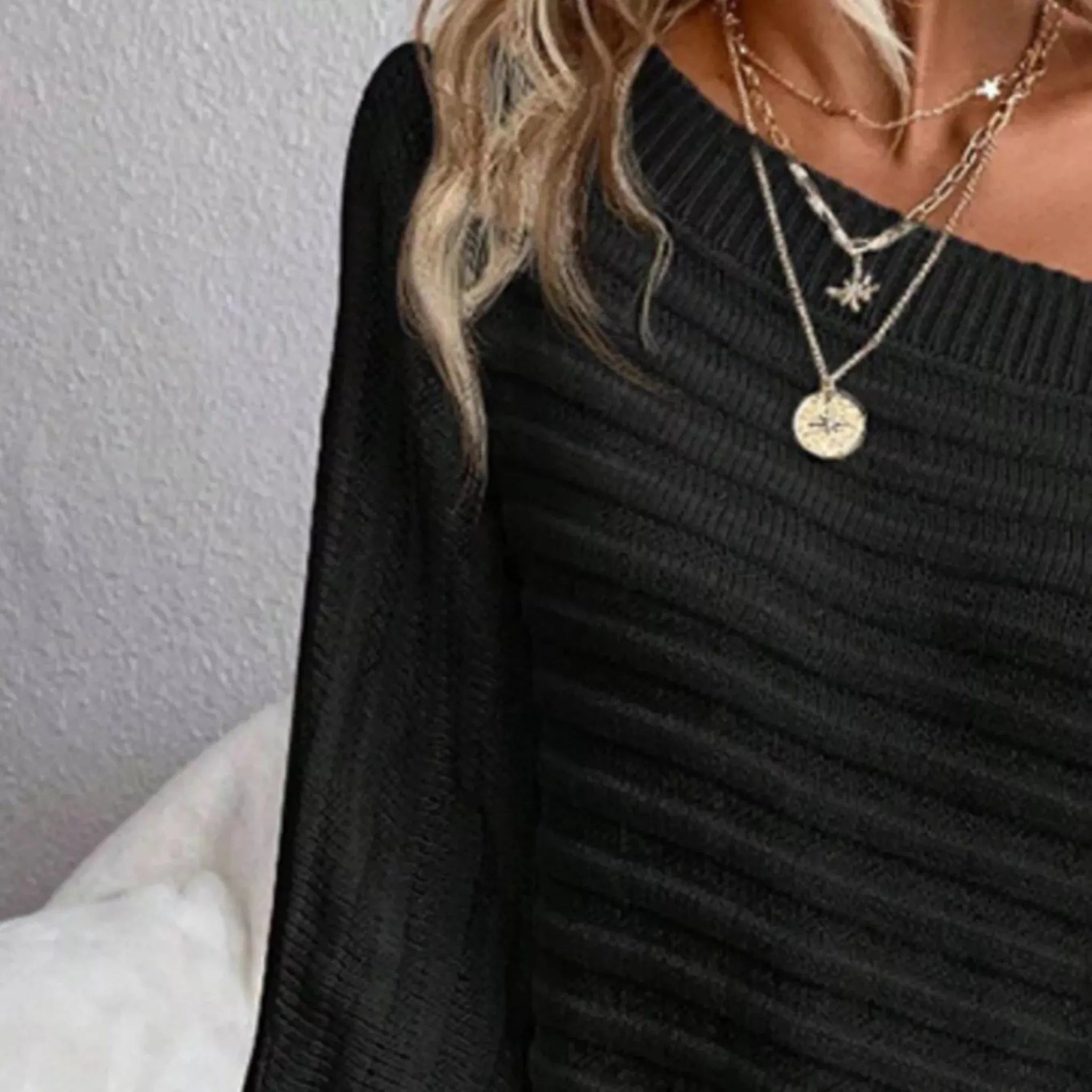 One Shoulder Ribbed Knit Sweater - Relaxed Fit Long Sleeve Top