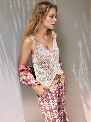 Openwork Crochet V-Neck Tank Top - Lightweight Acrylic Knit - minbolu -