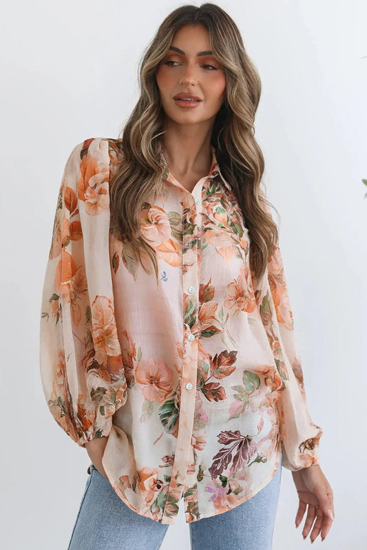 Orange Floral Puff Sleeve Lightweight Shirt - minbolu -