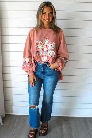Peach Blossom Flower Applique Patchwork Drop Sleeve Pullover Sweatshirt - minbolu -