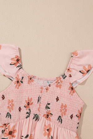 Pink Floral Maxi Dress - V Neck Smocked Boho Dress with Ruffle Hem - Maxi Dresses - minbolu