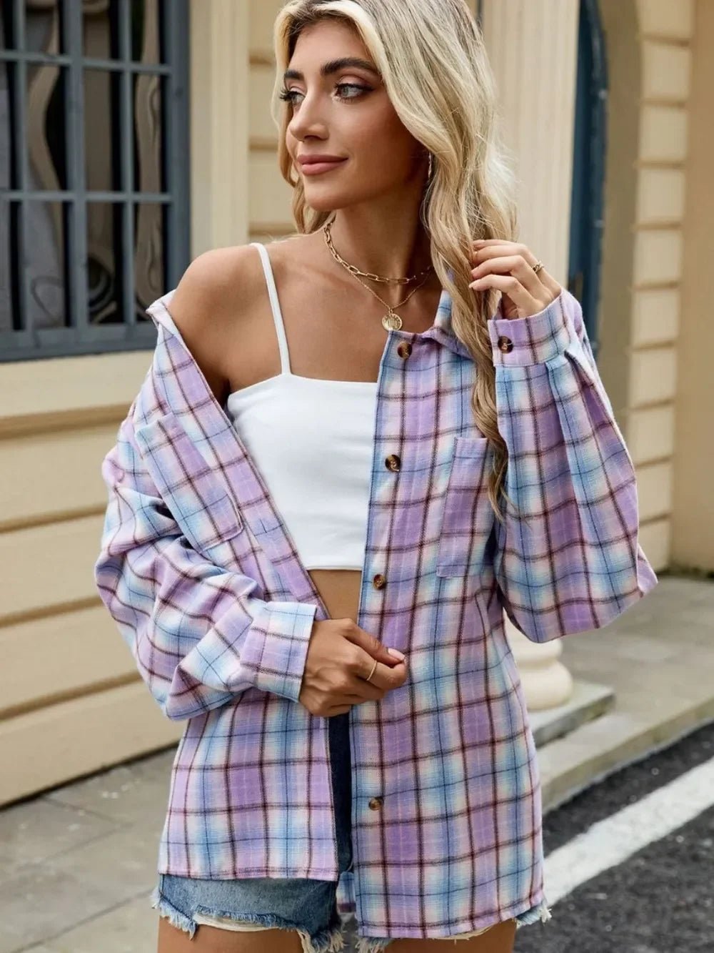 Plaid Collared Neck Long Sleeve Shirt: Lavender - minbolu -