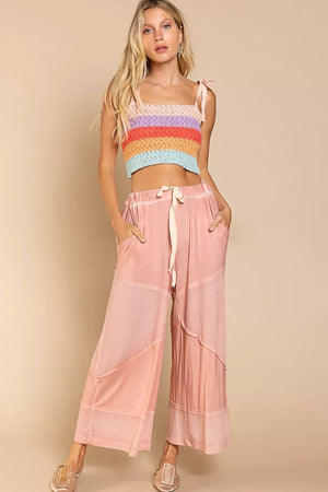 POL Wide Leg Drawstring Pants - Ribbed Boho Culottes with Pockets - minbolu -
