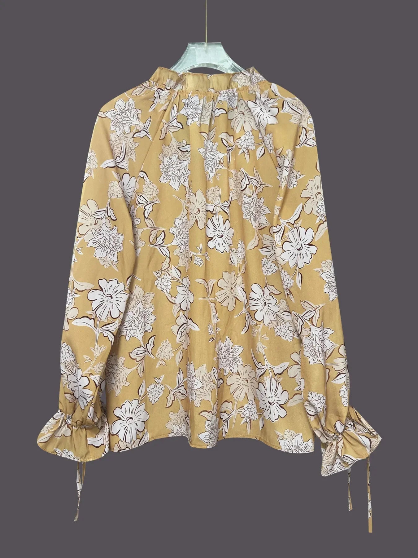 Printed Tie Neck Flounce Sleeve Blouse - minbolu -