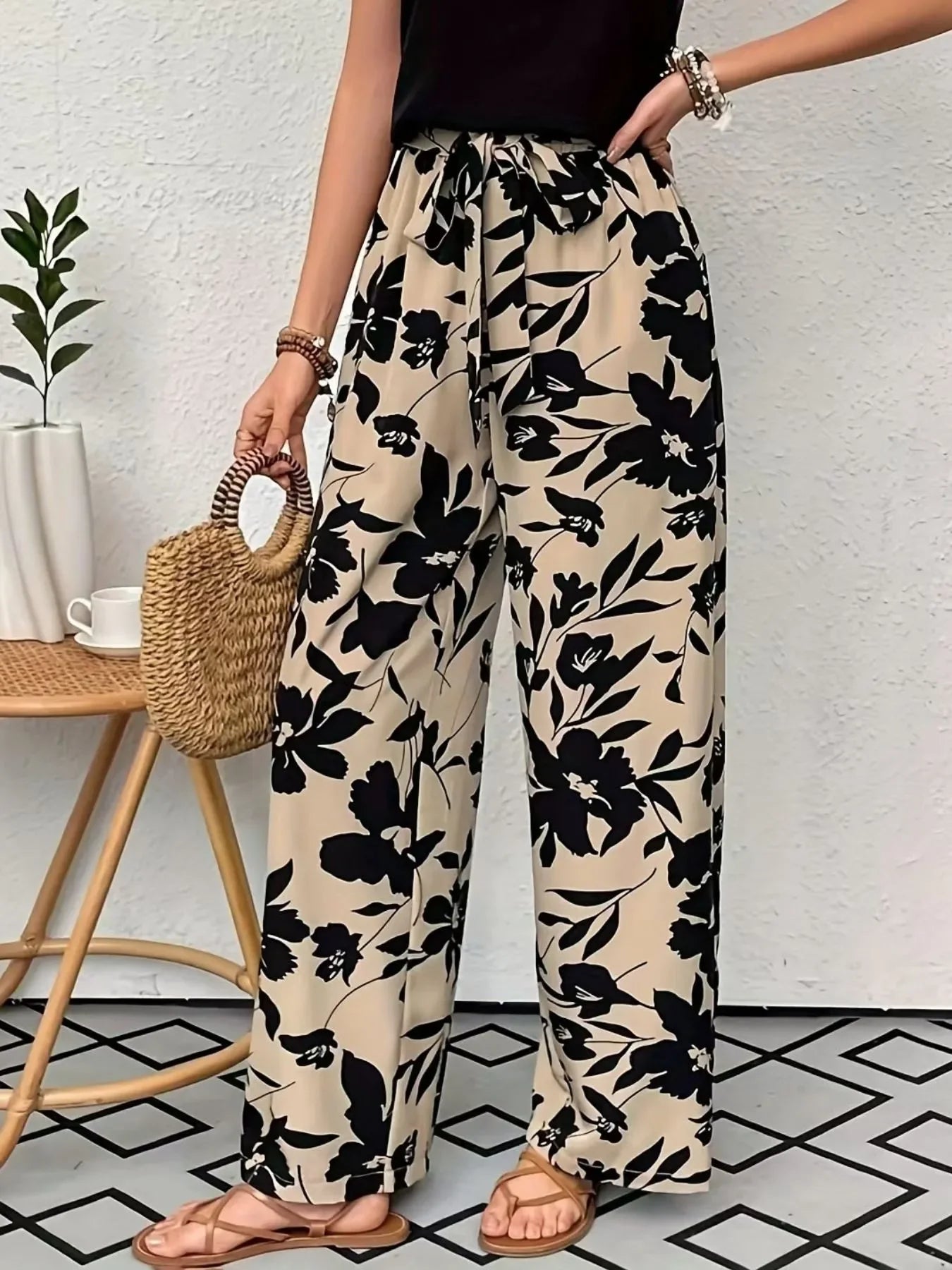 Printed Wide Leg Casual Pants - minbolu -