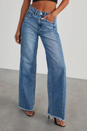 Raw Hem Wide Leg Jeans with Pockets - minbolu -