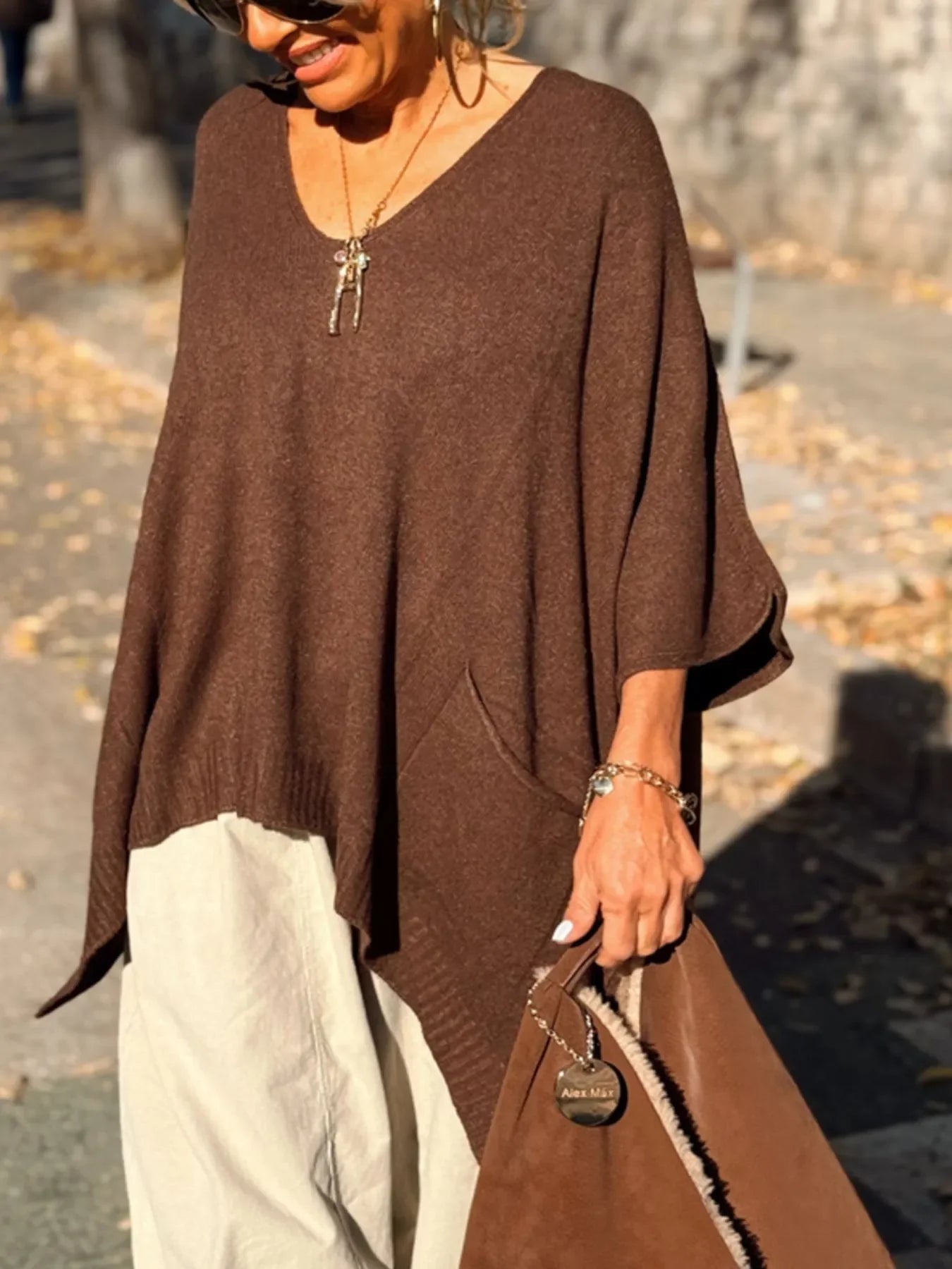 Ribbed Hem V-Neck Sweater - minbolu -
