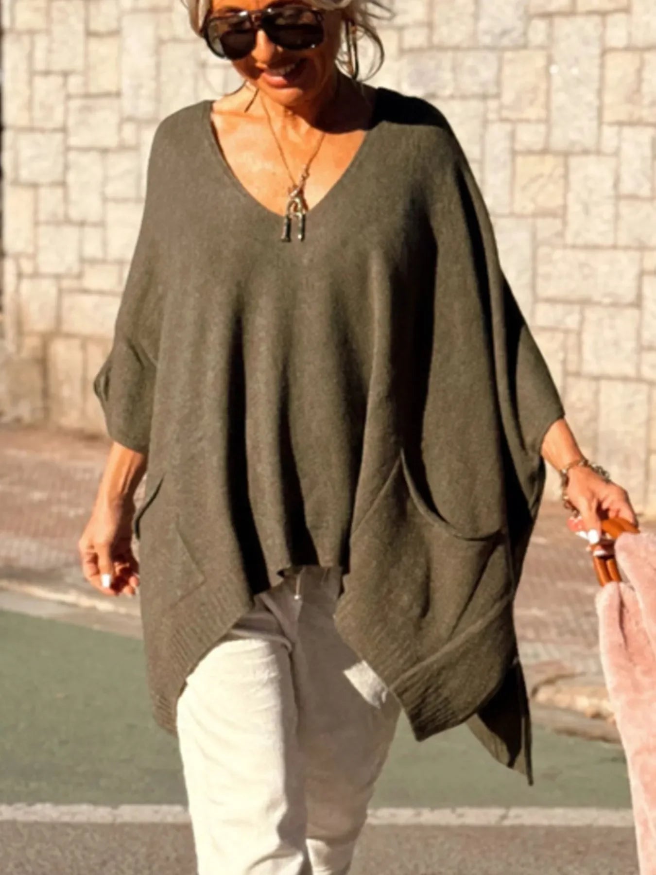 Ribbed Hem V-Neck Sweater - minbolu -