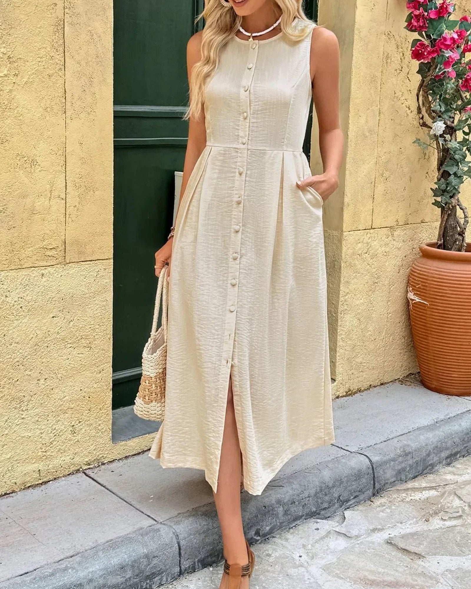 Round Neck Sleeveless Midi Dress