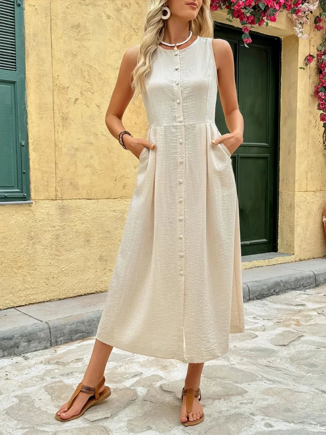 Round Neck Sleeveless Midi Dress - minbolu -
