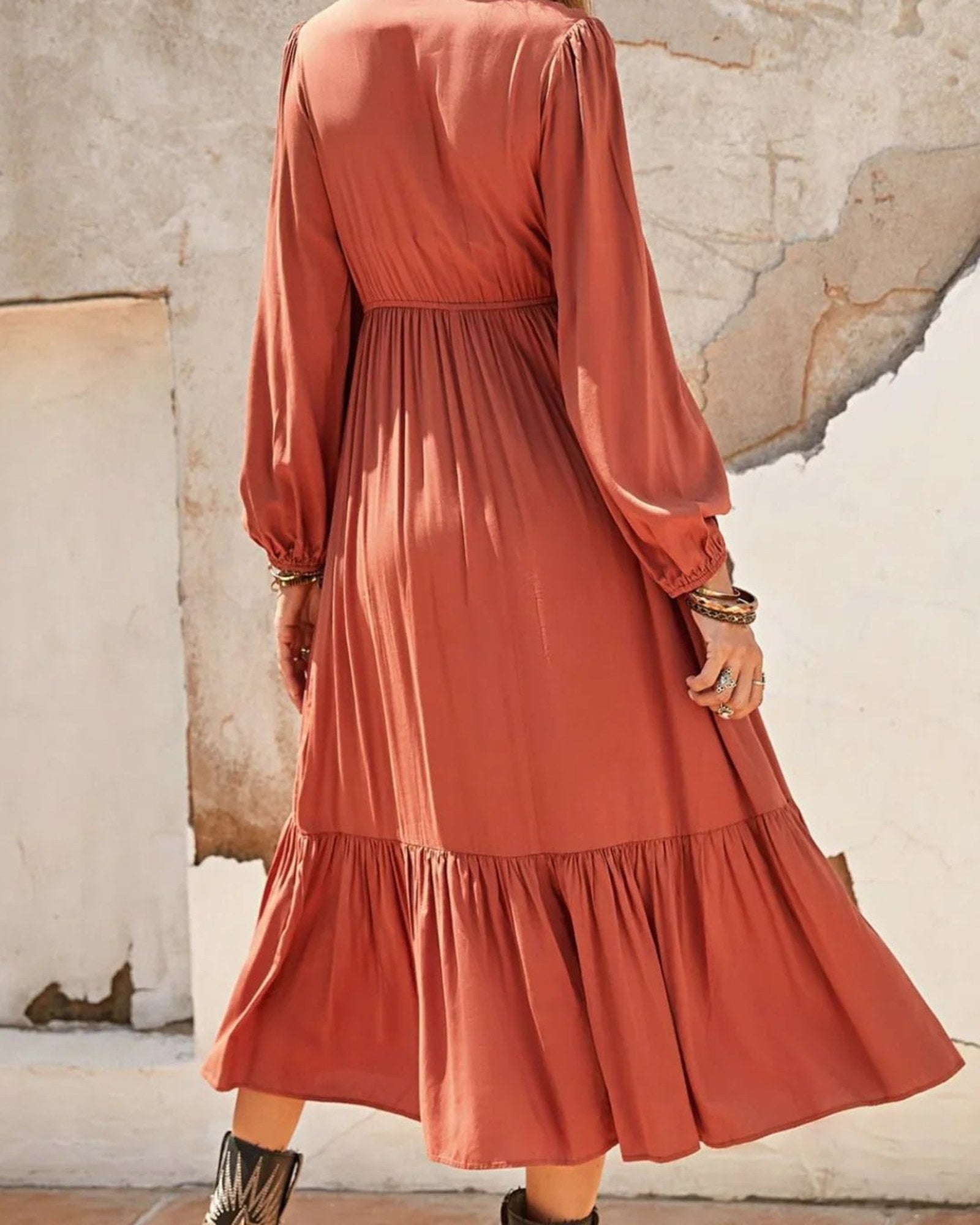 Ruched V-Neck Midi Dress with Ruffles
