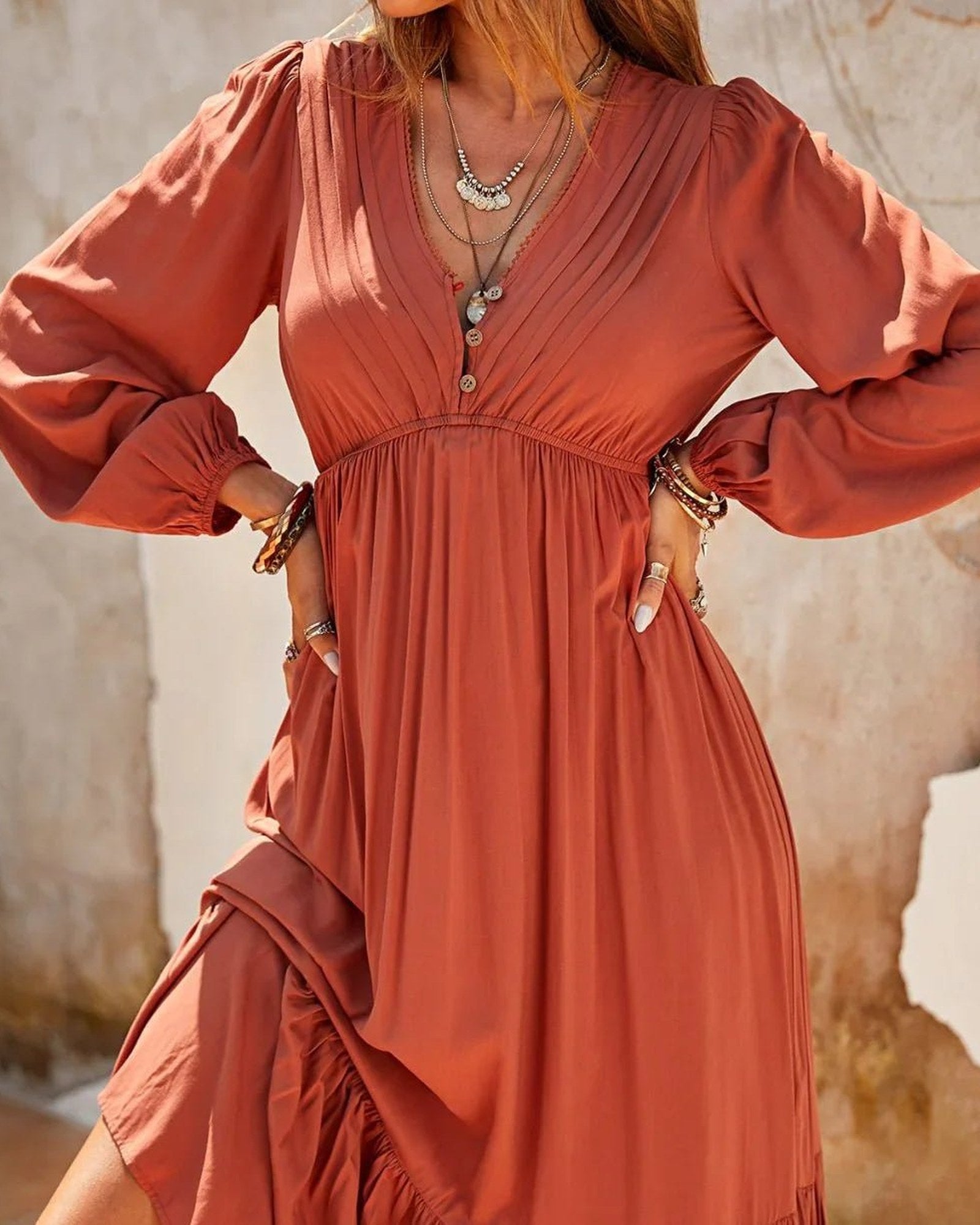 Ruched V-Neck Midi Dress with Ruffles