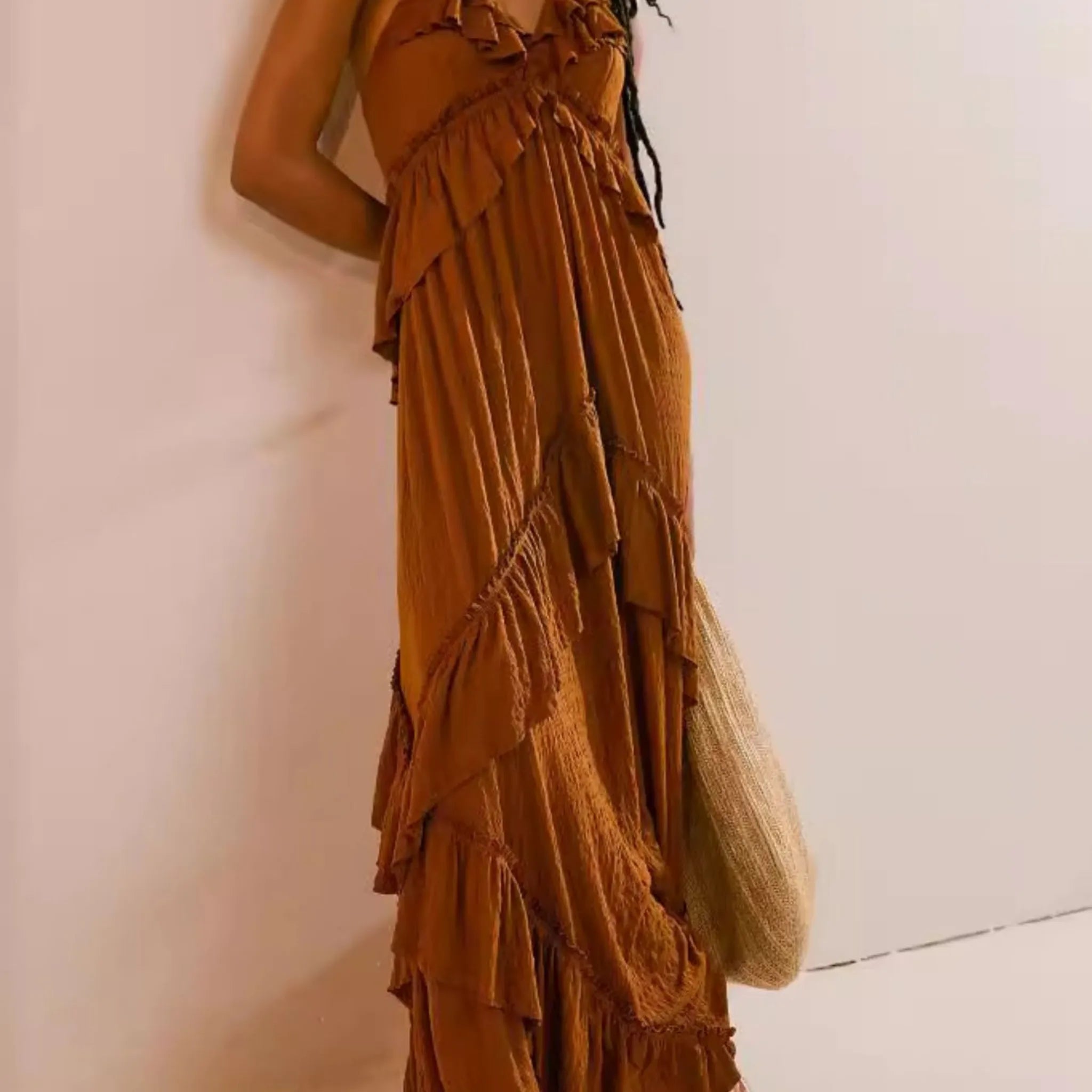 Ruffled Halter Neck Maxi Dress - Elegant Sleeveless Long Dress