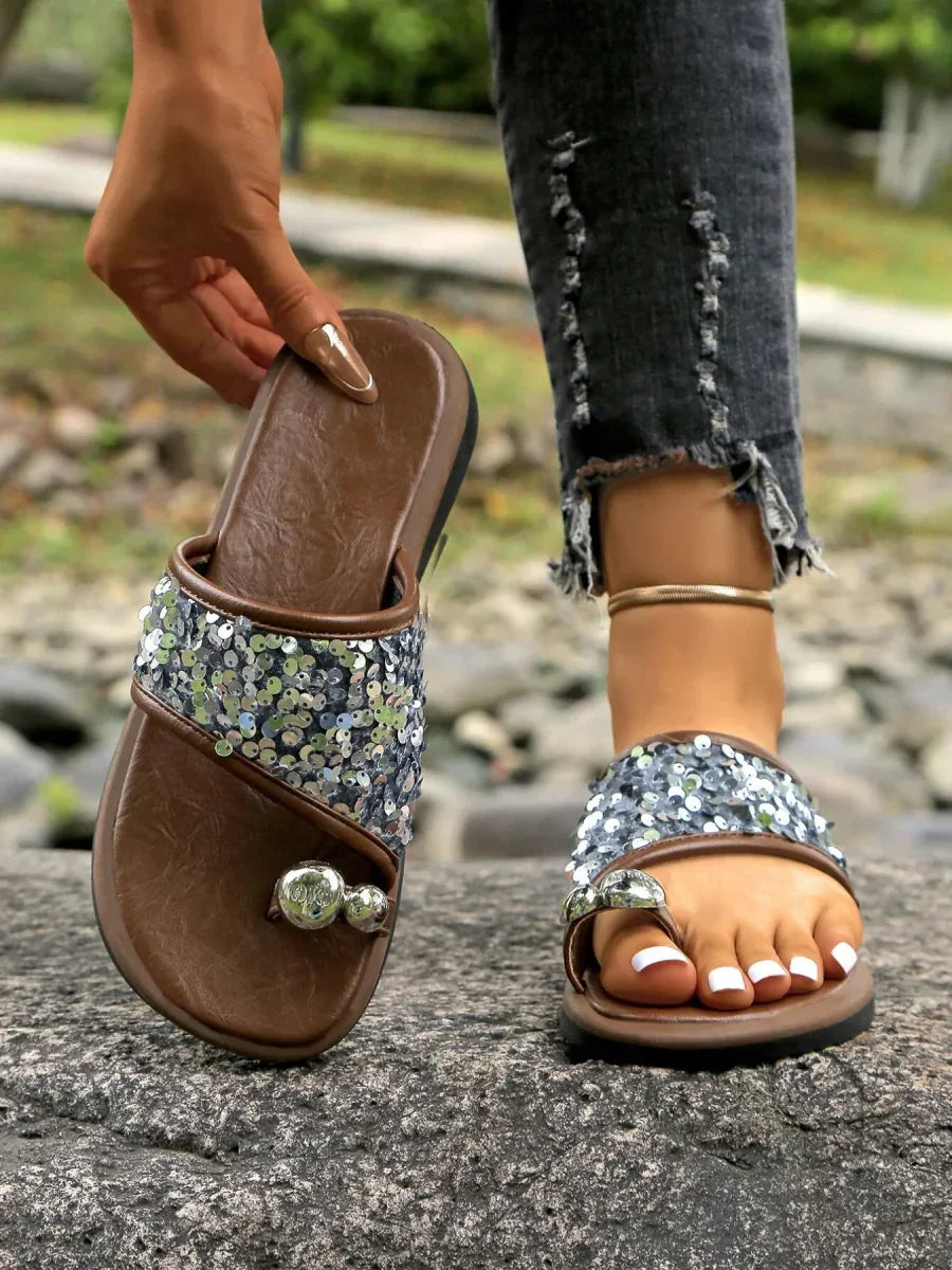 Sequin Toe Loop Flats Sandals - minbolu -