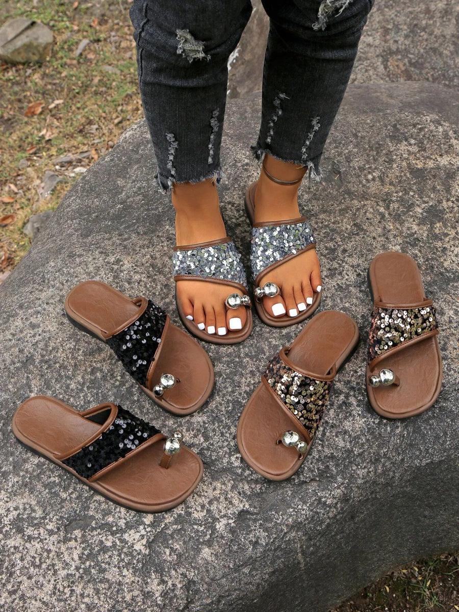 Sequin Toe Loop Flats Sandals - minbolu -