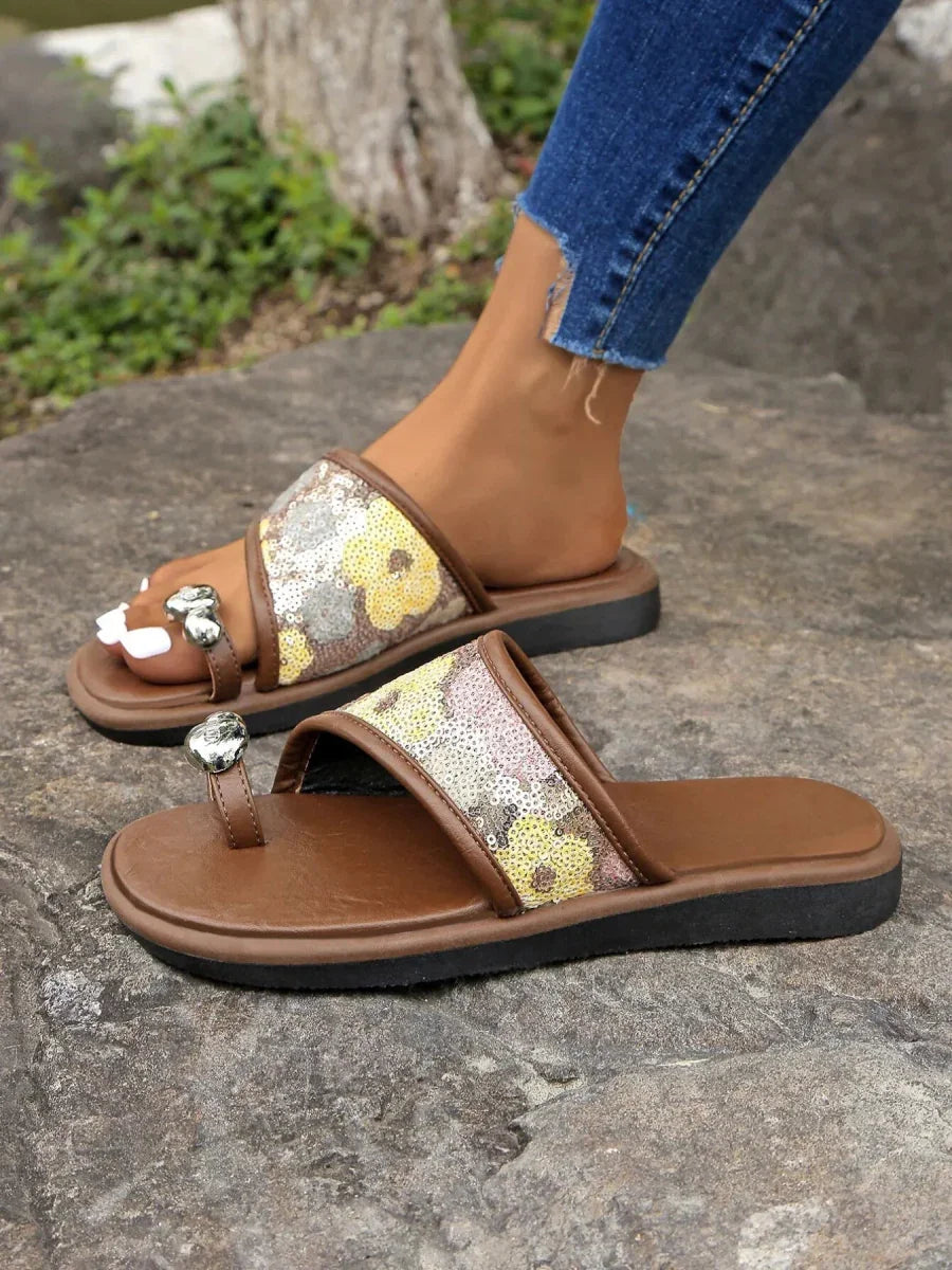 Sequin Toe Loop Flats Sandals - minbolu -