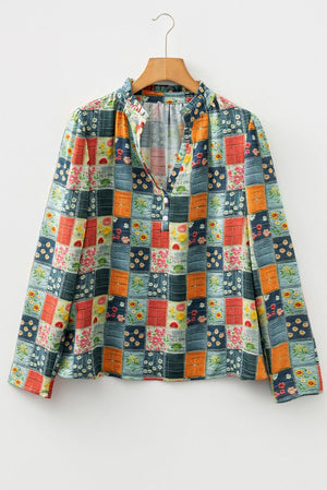 Sky Blue Checkered Floral Patchwork V Neck Blouse - Blouses - minbolu