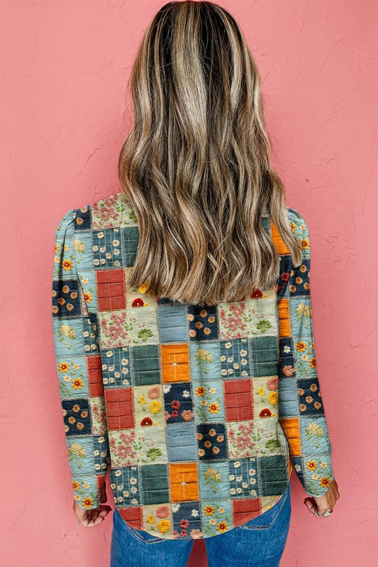 Sky Blue Checkered Floral Patchwork V Neck Blouse - minbolu -