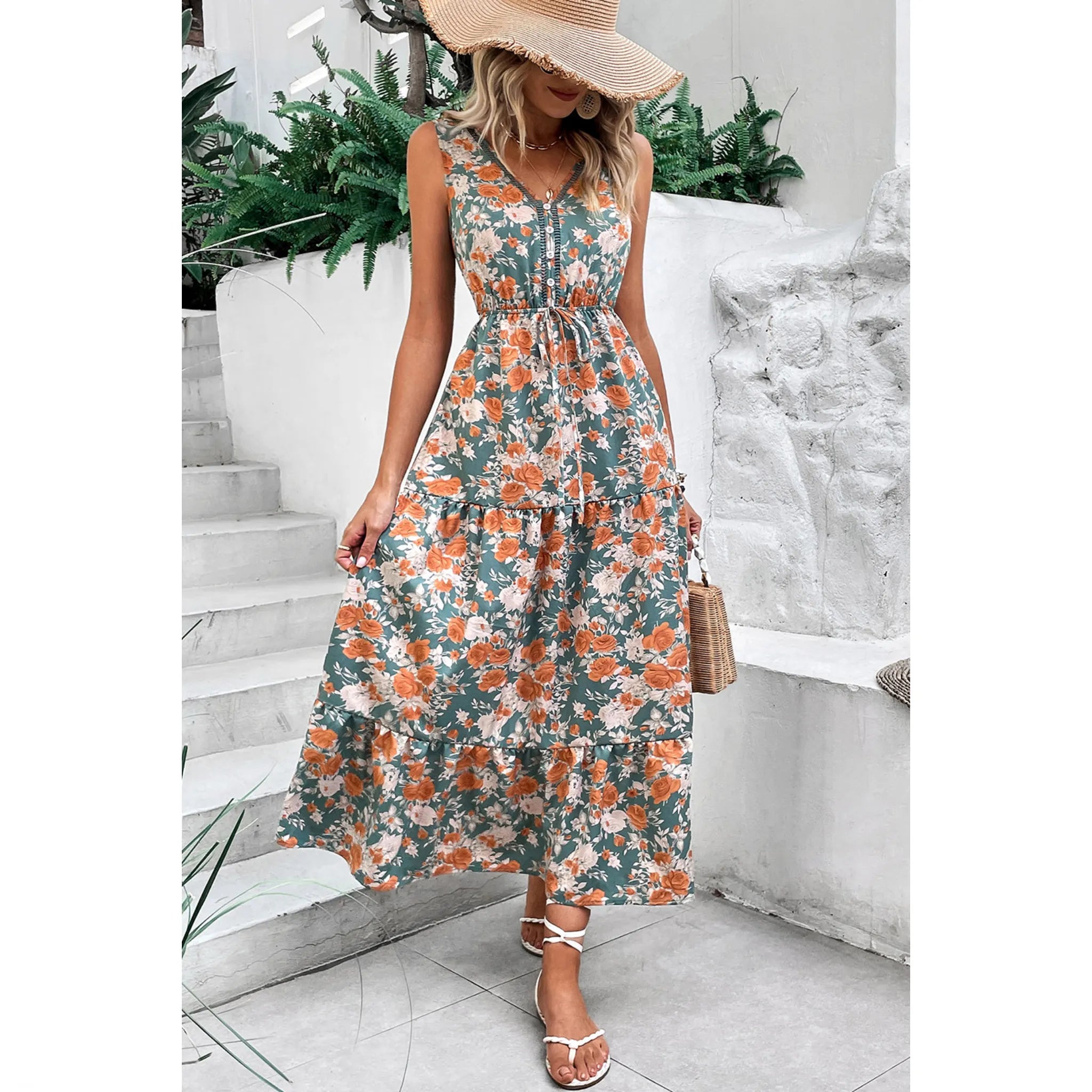 Green Floral Print Trimmed V Neck Sleeveless Vacation Dress