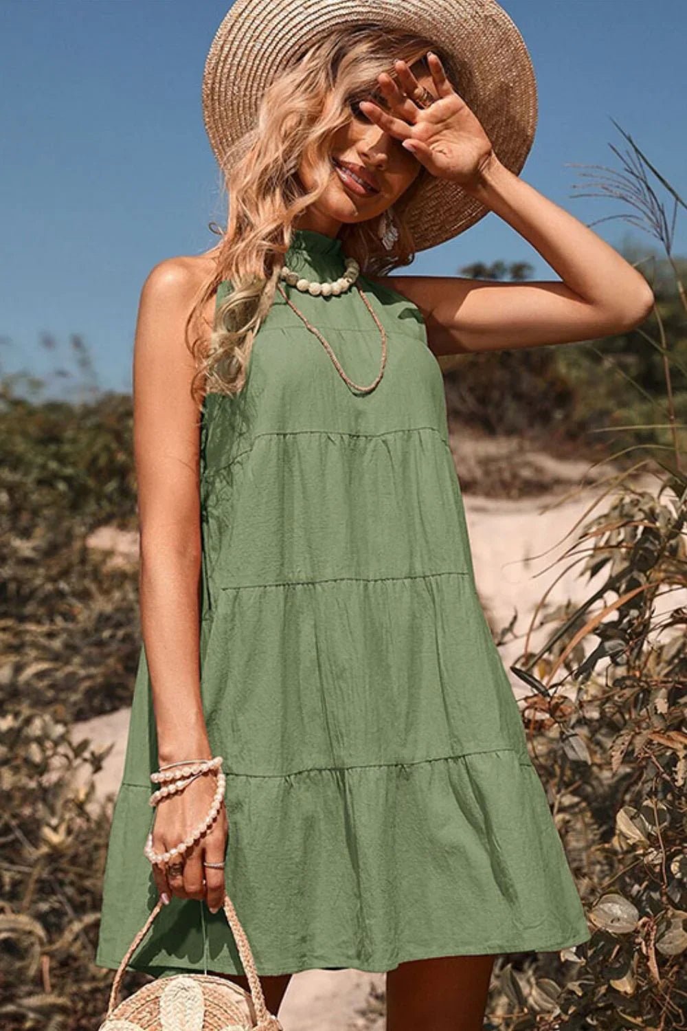 Sleeveless Tiered Ruffle Collar Dress - minbolu -