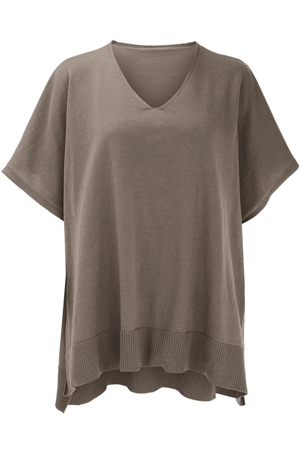 Slit V-Neck Half Sleeve Knit Top - minbolu -