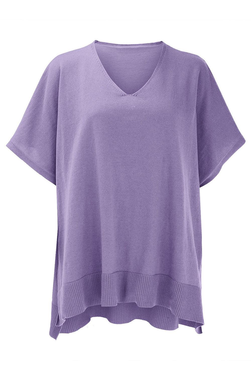 Slit V-Neck Half Sleeve Knit Top - minbolu -