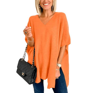 Slit V-Neck Half Sleeve Knit Top - minbolu -