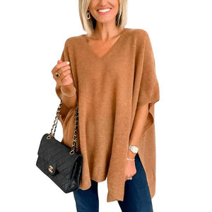 Slit V-Neck Half Sleeve Knit Top - minbolu -