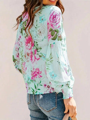 Smocked Printed Round Neck Lantern Sleeve Blouse - minbolu -