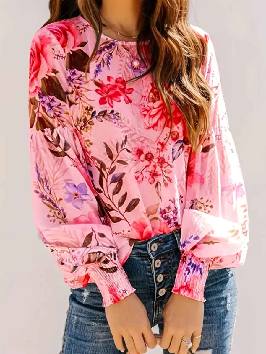 Smocked Printed Round Neck Lantern Sleeve Blouse - minbolu -