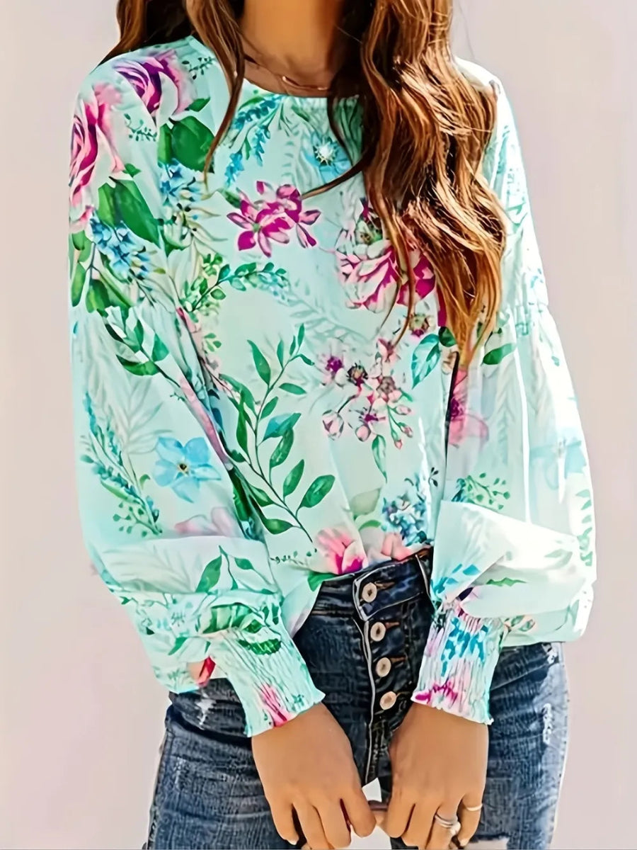 Smocked Printed Round Neck Lantern Sleeve Blouse - minbolu -