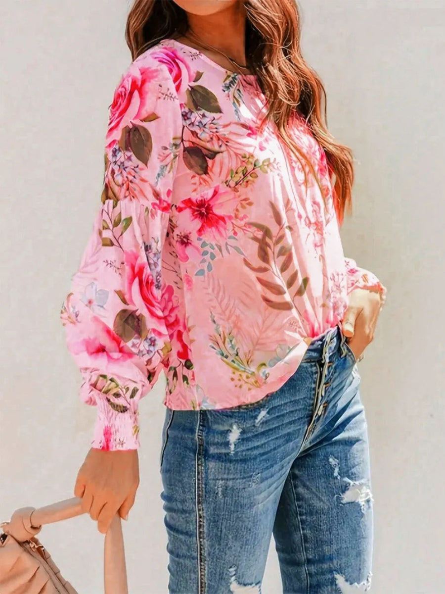 Smocked Printed Round Neck Lantern Sleeve Blouse - minbolu -
