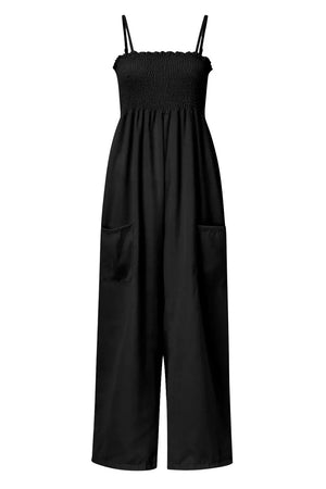 Smocked Spaghetti Strap Wide Leg Jumpsuit - minbolu -