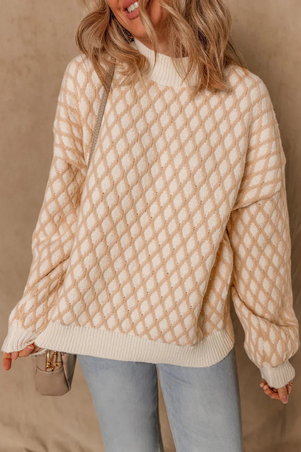 Smoke Gray Checkered Textured Knit Mock Neck Sweater - minbolu -