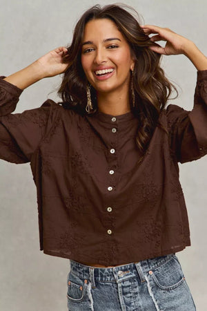 SO ME 3d Floral Woven Long Sleeve Front Button Shirt - minbolu -