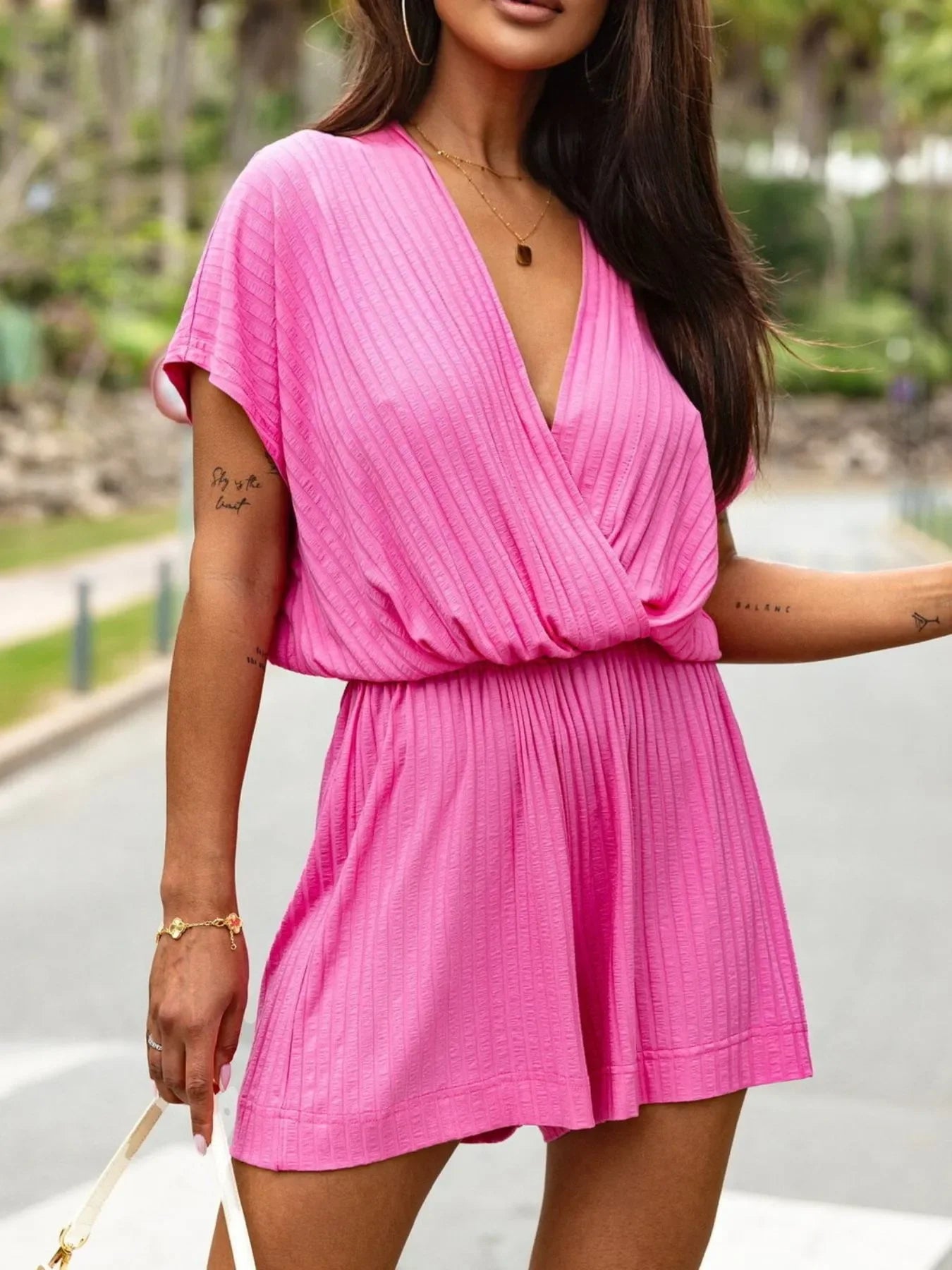 Surplice Short Sleeve Romper - minbolu -