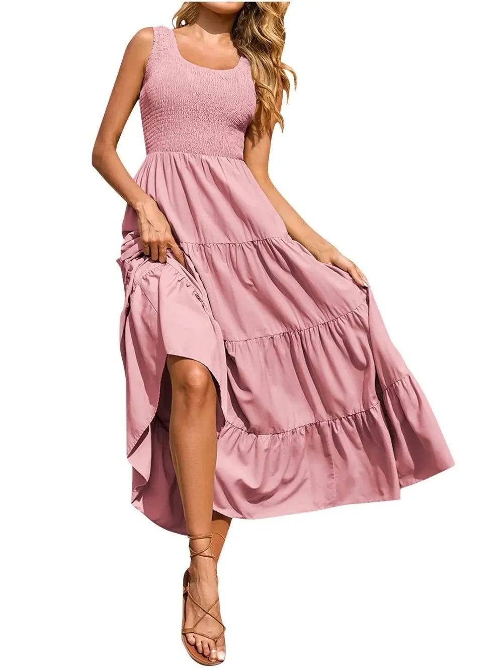 Tiered Maxi Dress - Smocked Polyester Wide Strap Style - minbolu -
