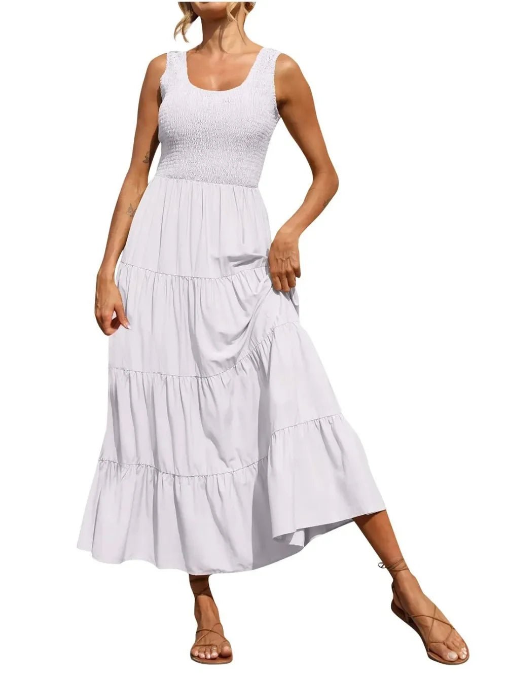 Tiered Maxi Dress - Smocked Polyester Wide Strap Style - minbolu -