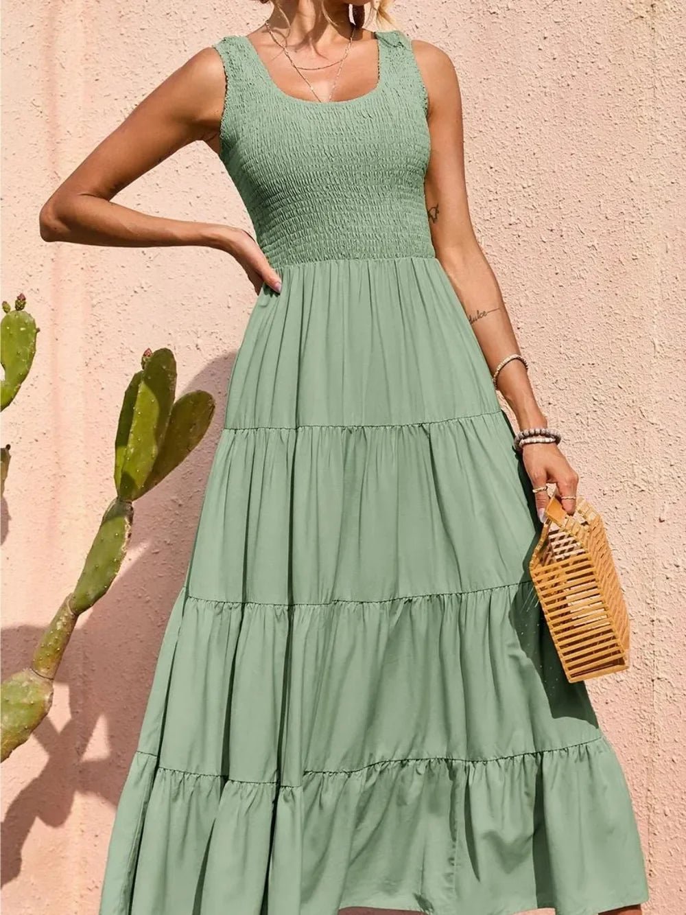 Tiered Maxi Dress - Smocked Polyester Wide Strap Style - minbolu -