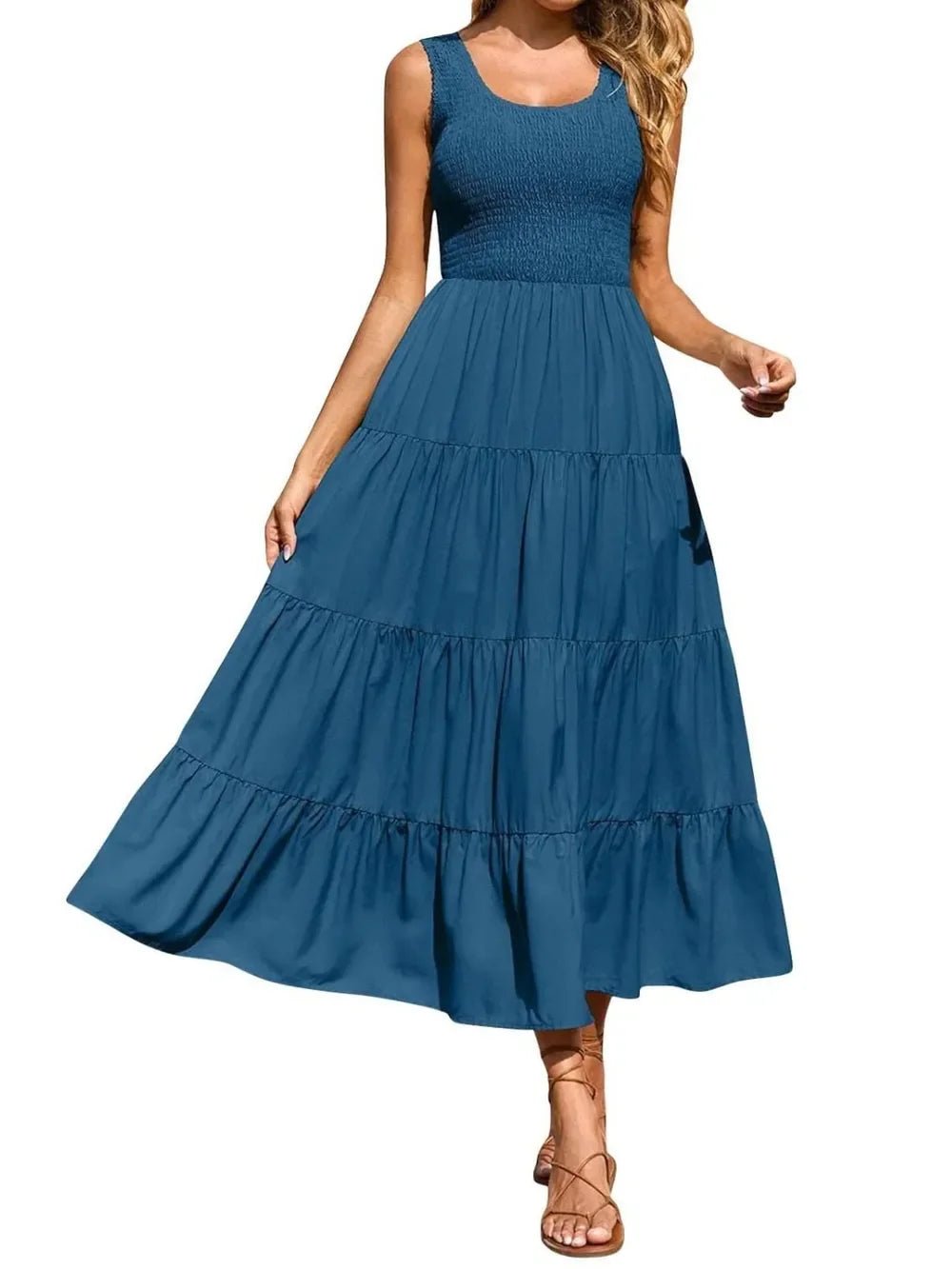 Tiered Maxi Dress - Smocked Polyester Wide Strap Style - minbolu -