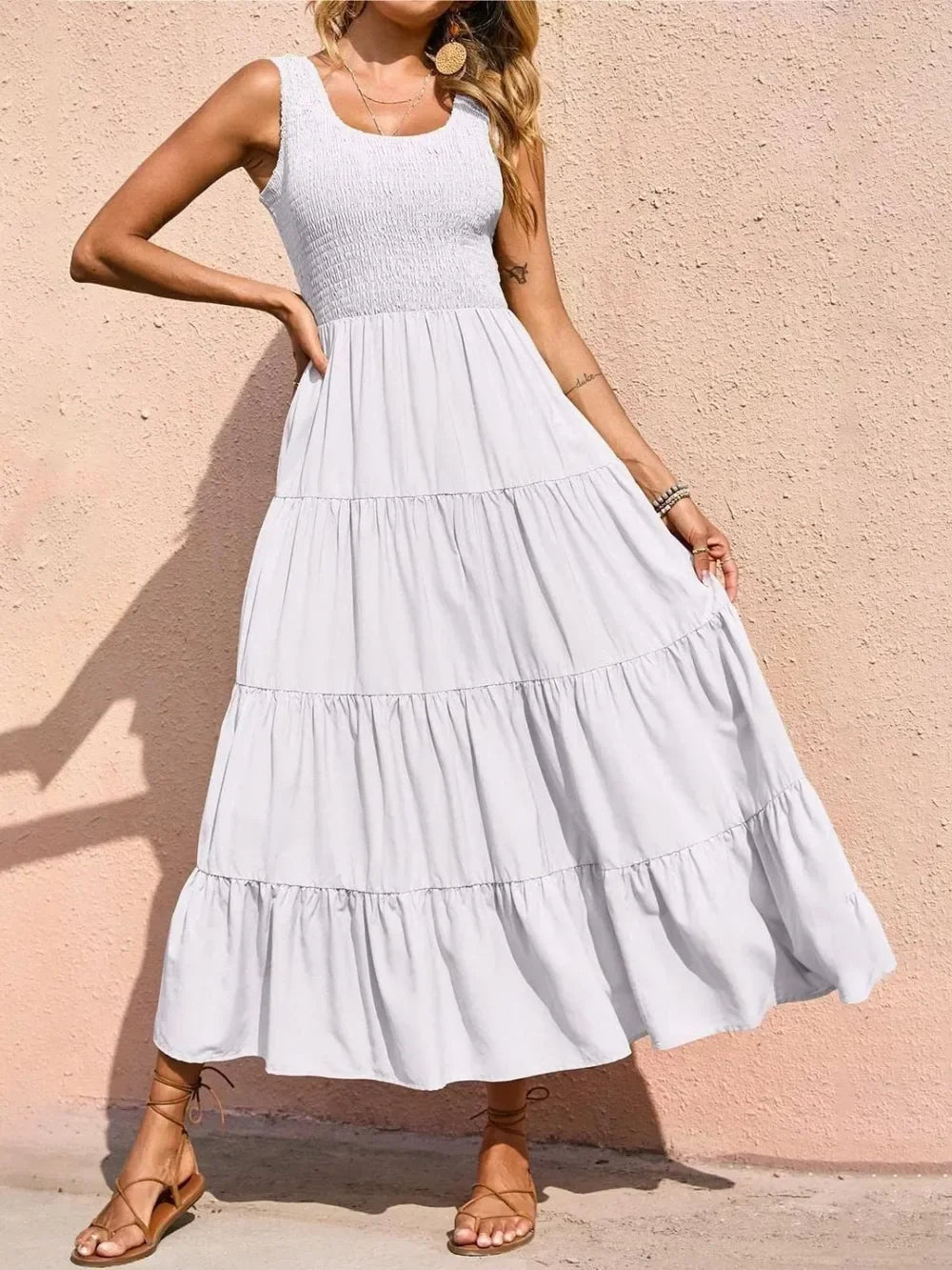 Tiered Maxi Dress - Smocked Polyester Wide Strap Style - minbolu -