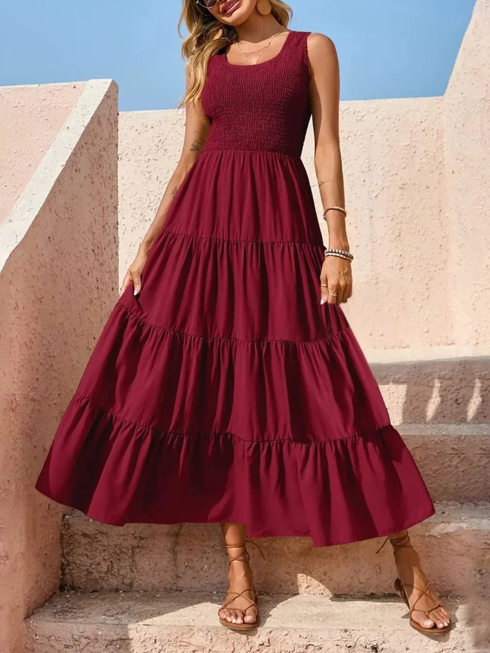 Tiered Maxi Dress - Smocked Polyester Wide Strap Style - minbolu -