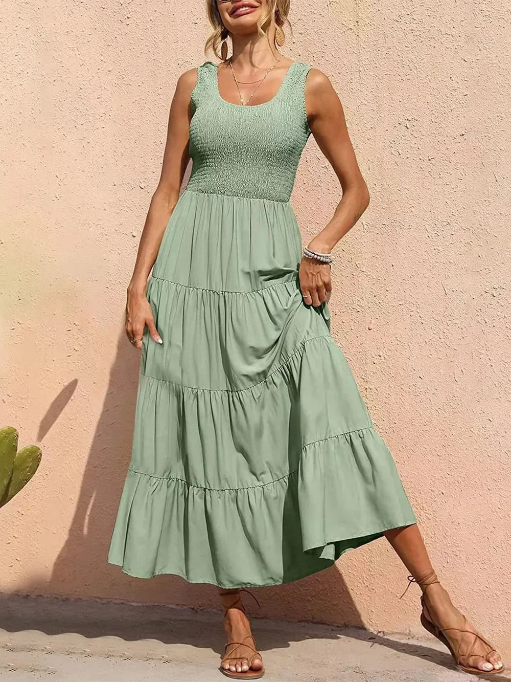 Tiered Maxi Dress - Smocked Polyester Wide Strap Style - minbolu -