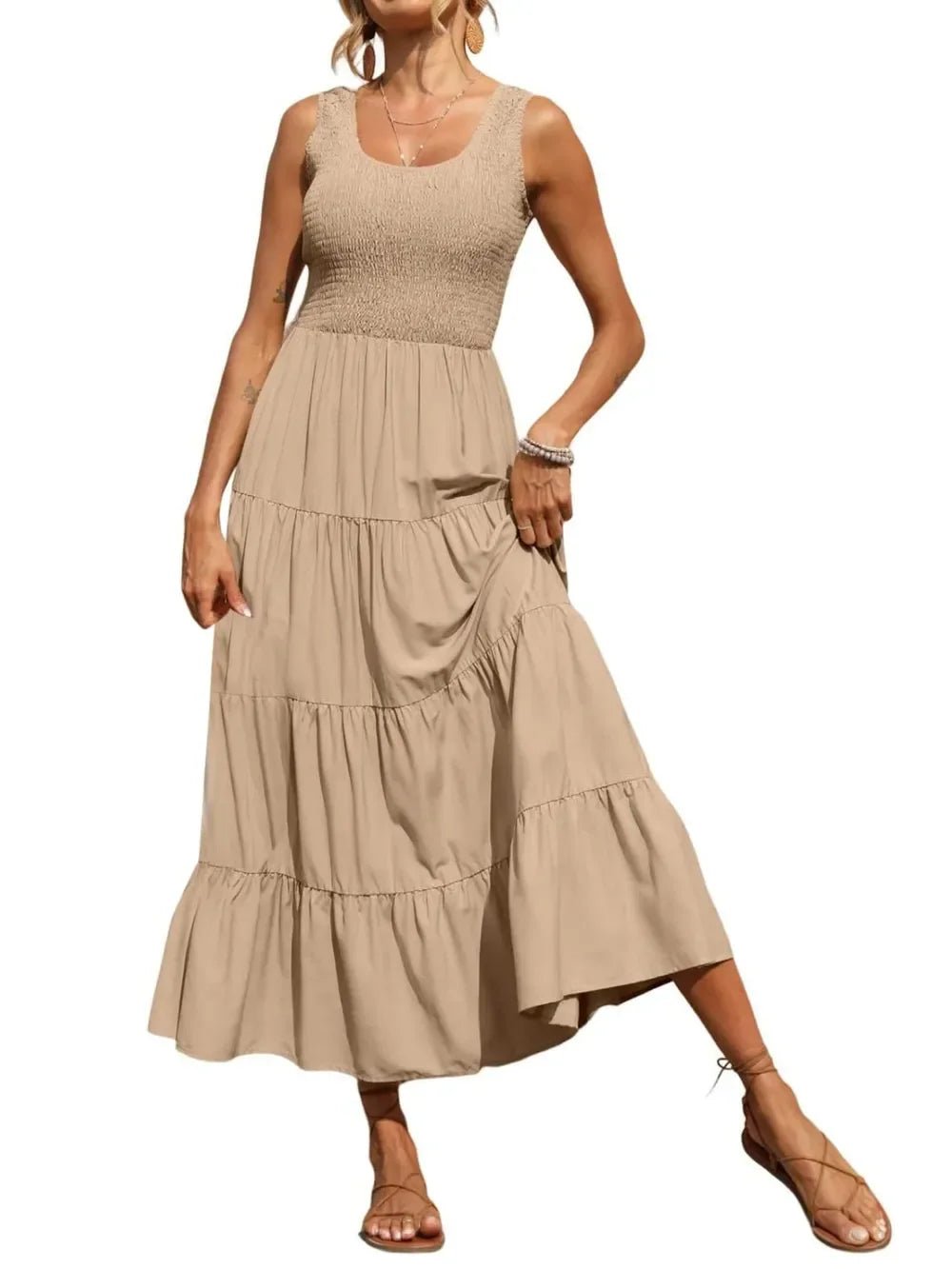 Tiered Maxi Dress - Smocked Polyester Wide Strap Style - minbolu -