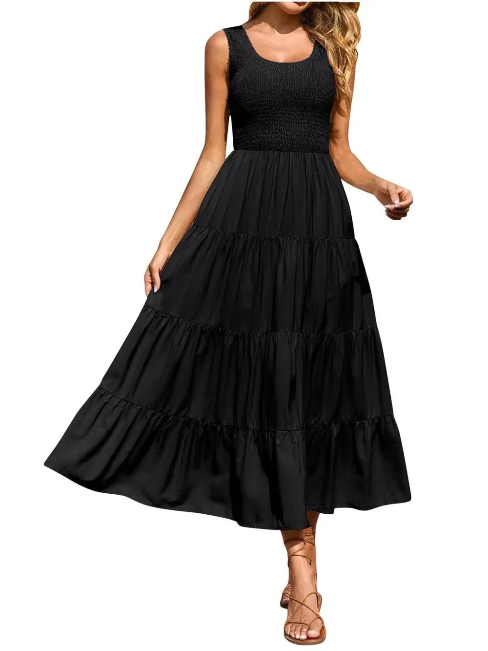 Tiered Maxi Dress - Smocked Polyester Wide Strap Style - minbolu -